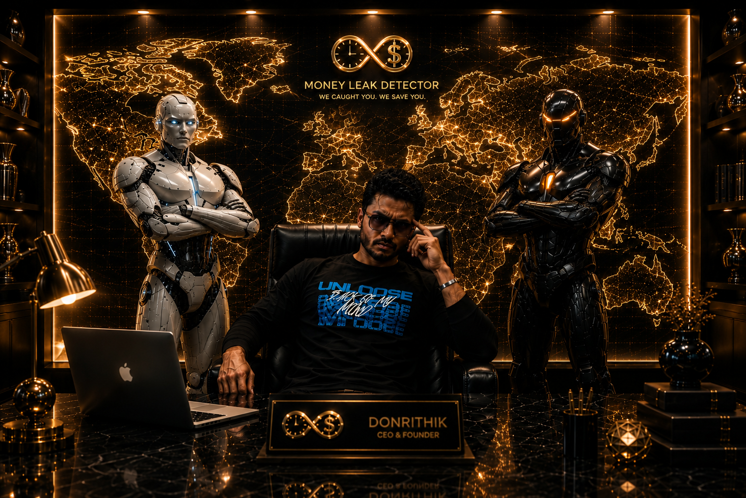 DONRITHIK — CEO & Founder of Money Leak Detector, flanked by the brand's AI guardians in front of a glowing world map